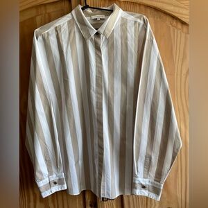 Lafayette 148 Beige/White Striped Cotton Button-Down Shirt Size XL